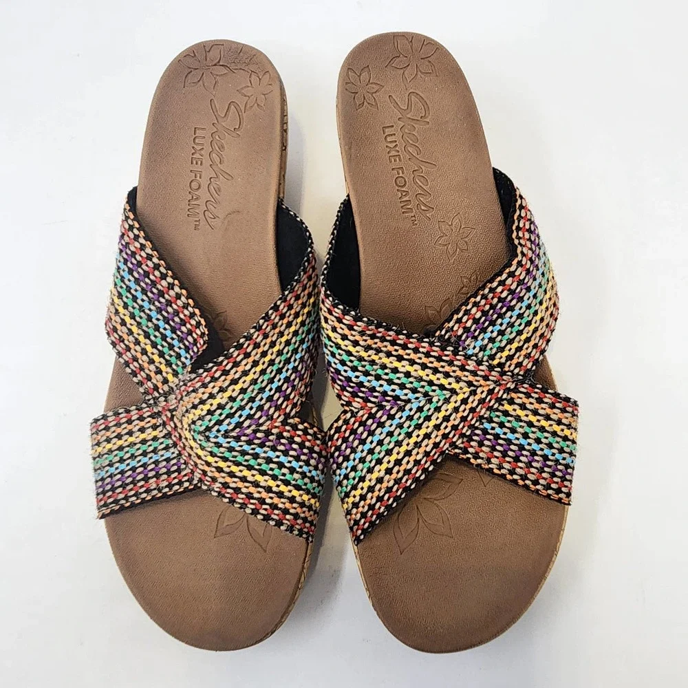 Skechers Womens Cali Beverlee Wedge Sandals Size 10 Multi Color Woven Straps